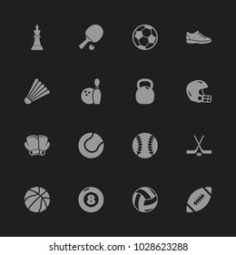 Sport Equipment icons - Gray symbol on black background. Simple illustration. Flat Vector Icon.