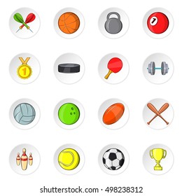 Sport equipment icons set. Cartoon illustration of 16 sport equipment vector icons for web