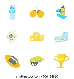 Sport equipment icons set. Cartoon set of 9 sport equipment vector icons for web isolated on white background