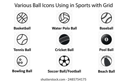 Conjunto de iconos de equipamiento deportivo. Diferentes bolas para jugar: baloncesto, waterpolo, béisbol, tenis, críquet, billar, boliche, fútbol, playa. Ilustración vectorial plana aislada sobre fondo blanco.