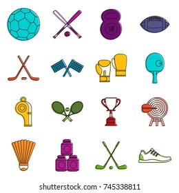 Sport equipment icons set. Doodle illustration of vector icons isolated on white background for any web design