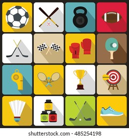 Sport equipment icons set in flat style. Sport elements elements set collection vector illustration
