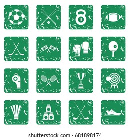 Sport equipment icons set in grunge style green isolated vector illustration