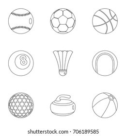 Sport equipment icons set. Outline style set of 9 sport equipment vector icons for web design