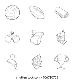 Sport equipment icons set. Outline set of 9 sport equipment vector icons for web isolated on white background