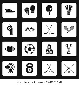 Sport equipment icons set in white squares on black background simple style vector illustration
