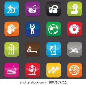 Sport equipment icons set for your design. Colored buttons on a dark background