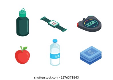 Sport equipment isometric vector set. Fitness inventory, gym accessories. Healthy lifestyle concepts.Whey protein bottles, Dumbbell weight lifting wrist watch, timer for exercise, red apple, milk