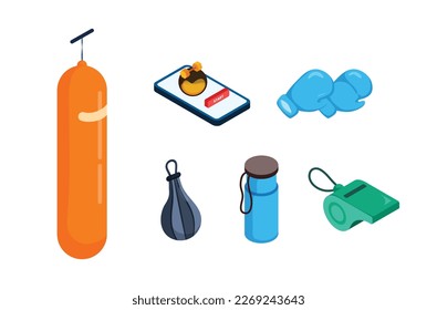 Sport equipment isometric vector set.Fitness inventory,gym accessories.Healthy lifestyle concept.Oxygen tank,Timer on the phone lifting the dumbbell, boxing gloves, portable water funnel, portable