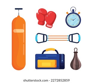 Sport equipment isometric vector set.Fitness inventory, gym accessories. Healthy lifestyle concept.Orange boxing sandbag, red boxing gloves, stopwatch, muscle stretcher, boxing buoy, blue storage bag