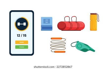 Sport equipment isometric vector set.Fitness inventory,gym accessories.Healthy lifestyle concepts.Timer on the phone lifting the dumbbell, Blue sport towel ,Red sports equipment bag,Yellow portable