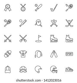 Sport equipment line icons set. linear style symbols collection, outline signs pack. vector graphics. Set includes icons as First place award medal, Baseball bat and ball, Hockey Stick and Puck, Golf 