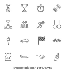 Sport equipment line icons set. linear style symbols collection, outline signs pack. vector graphics. Set includes icons as award cup, gymnastic rings, swimming, race flag, olympic flame, stopwatch