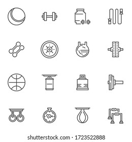 Sport equipment line icons set, outline vector symbol collection, linear style pictogram pack. Signs, logo illustration. Set includes icons as punching bag, dumbbell, basketball ball, skipping rope