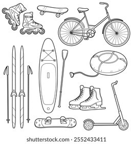 Sportausrüstung. Sport-Objekt-Set. Fahrrad, Skates, Skateboard, Rollschuhe, Ski, Roller. Gliederungsgrafik einzeln auf weißem Hintergrund, Designelemente