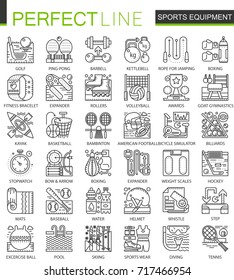 Sport equipment outline mini concept symbols. Modern stroke linear style illustrations set. Perfect thin line icons.