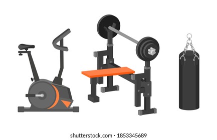 Sport Equipment with Punching Bag and Cycle Ergometer Vector Set