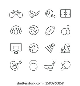 Sport equipment related icons: thin vector icon set, black and white kit