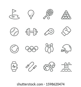 Sport equipment related icons: thin vector icon set, black and white kit