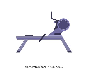 Sport equipment rowing machine for training, physical exercises, workout and fitness in gym. Healthy and active lifestyle. Flat vector illustration isolated on white background.