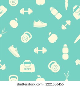Sport equipment seamless pattern. Fitness theme. Vector illustration, background, wallpaper.