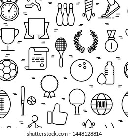 Sport equipment seamless pattern with thin line sport and winning games icons. Vector illustration for banner, web page, print media.