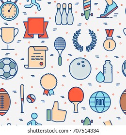 Sport equipment seamless pattern with thin line sport and winning games icons. Vector illustration for banner, web page, print media.