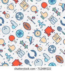 Sport equipment seamless pattern with thin line sport and winning games icons. Vector illustration for banner, web page, print media.