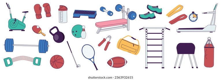 Sport equipment set. Cartoon fitness equipment for workout, weight training, pilates and yoga, muscle and cardio workout. Vector colorful set. Leisure activities as bowling, baseball and golf