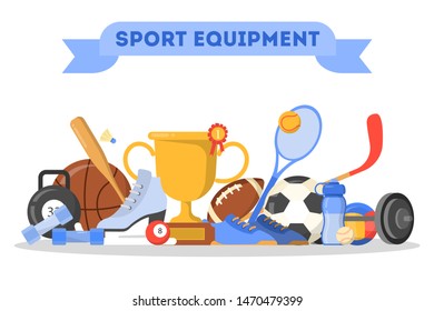 Sport equipment set. Collection of various object for exercise. Tennis racket and soccer ball, dumbbell and shoes. Isolated vector illustration in cartoon style