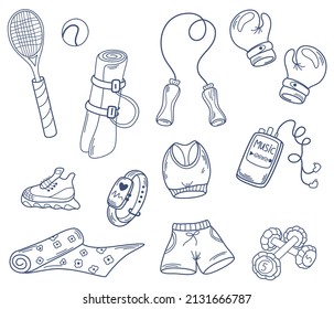 Sport equipment set. Different Fitness inventory, gym accessories. Healthy lifestyle concept. Hand drawn modern Vector illustrations isolated outline art