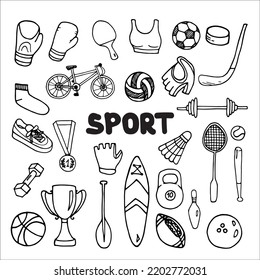 Sport equipment set doodle style vector illustration isolated on white background