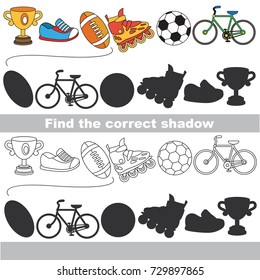 Sport equipment set to find the correct shadow, the matching educational kid game to compare and connect objects and their true shadows, simple gaming level for preschool kids.