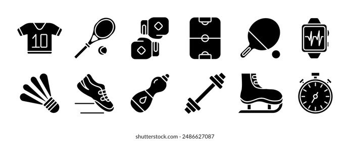 Icono de equipo deportivo. Jersey, raqueta de tenis, guantes de boxeo, campo, pádel de tenis de mesa, reloj inteligente, volante, zapatilla de correr, botella de agua, mancuerna, patín de hielo, cronómetro. Fitness y ejercicio