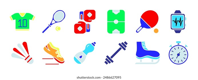 Icono de equipo deportivo. Jersey, raqueta de tenis, guantes de boxeo, campo, pádel de tenis de mesa, reloj inteligente, volante, zapatilla de correr, botella de agua, mancuerna, patín de hielo, cronómetro. Fitness y ejercicio