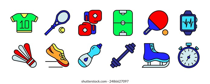 Sport equipment set icon. Jersey, tennis racket, boxing gloves, field, table tennis paddle, smartwatch, shuttlecock, running shoe, water bottle, dumbbell, ice skate, stopwatch. Fitness and exercise