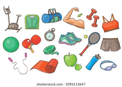 Sport equipment set, physical activity inventory vector Illustrations on a white background