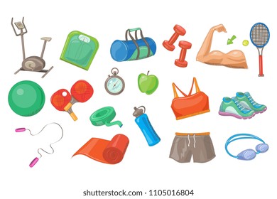 Sport equipment set, sports inventory vector Illustrations on a white background