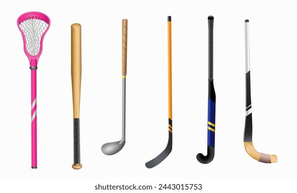 Sport equipment. A set of sticks and bats for different types of games. Vector illustration