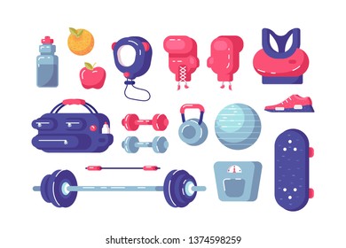 Sport equipment set vector illustration. Collection consists of sportswear, shoes, dumbbells, fitball, weight and boxing gloves flat style design. Healthy lifestyle concept