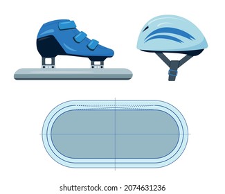 Sport Equipment for Speed Skating or Short Track. Blue speed Skate, helmet and ice rink. Winter sport accessories icon vector illustration isolated on white background.