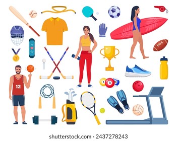 Sport equipment and sportsmen set. Various kind of sport activity. Strength training, cycling, yoga, basketball, diving, surfing. Vector illustration