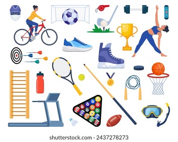 Sport equipment and sportsmen set. Various kind of sport activity. Strength training, cycling, yoga, basketball, diving, surfing. Vector illustration