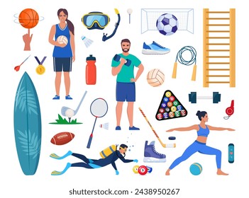 Sport equipment and sportsmen set. Various kind of sport activity. Strength training, cycling, yoga, basketball, diving, surfing. Vector illustration