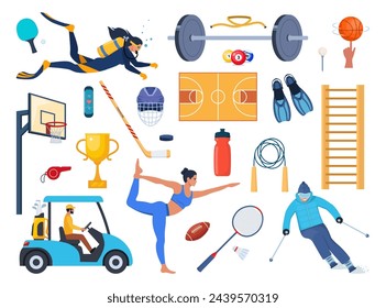 Sport equipment and sportsmen set. Various kind of sport activity. Strength training, cycling, yoga, basketball, diving, surfing. Vector illustration