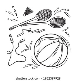 Sport equipment for summer, ball, badminton, hand drawn, set doodle icon. Sign cartoon symbol. Decoration element. White background. Isolated. Vector illustration.