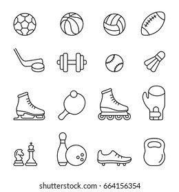 Sport Equipment: thin monochrome icon set, black and white kit