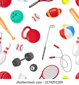 Sportgeräte und Werkzeuge nahtlos Muster. Fitnessclub, Training oder Training. Cartoon-Ball, Tennis und Golf, Baseball-Vektorhintergrund