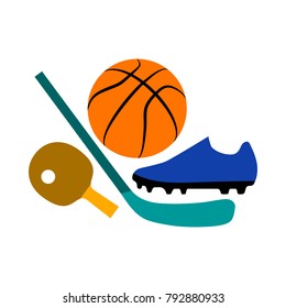 Sport equipment vector color flat icon logo. Mix of basketball ball, hockey stick, football boot, table tennis racket. Simple modern isolated concept graphic for professional sports & leisure activity