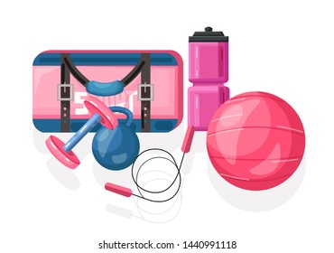 Sport equipment Vector flat style. Pink ball and bag with drinking water can and weights set illustration